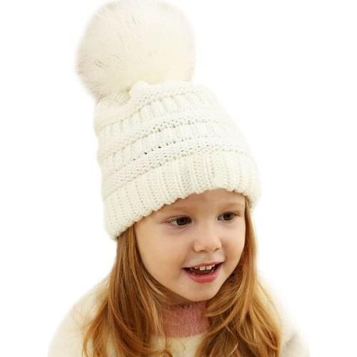 New Children Knitted Beanie Boys Girls Winter Warm Pink Wool Hat Cute Hair Ball Protection Ear White Casual Dome Hat W065