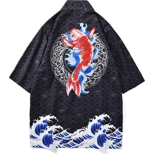 2019 Summer Printing Harajuku Style Blouse Waves and Fish Shirts Japanese Women Men Kimonos Coat