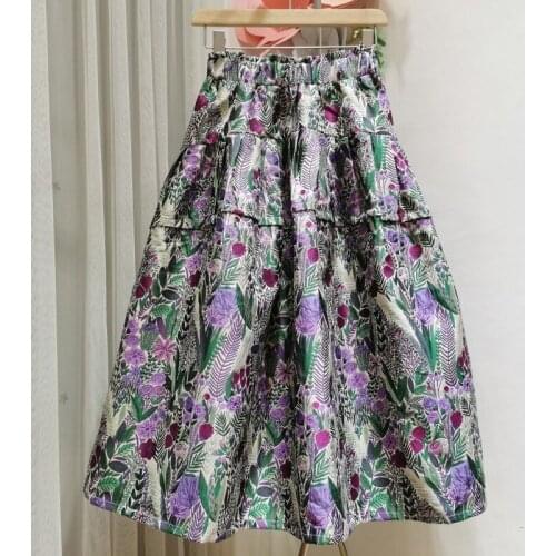 Purple Flower Print Puffy Bud Beach Boho Skirt Female Casual Korean Spring Vintage Elastic High Waist Summer Skirt Women Clothes