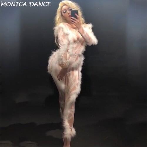 Women Sexy Stage White Fluff Jumpsuit Skin Color Bodysuit Nightclub Party Stage Wear Performance Costume Singer Dancer Clothing