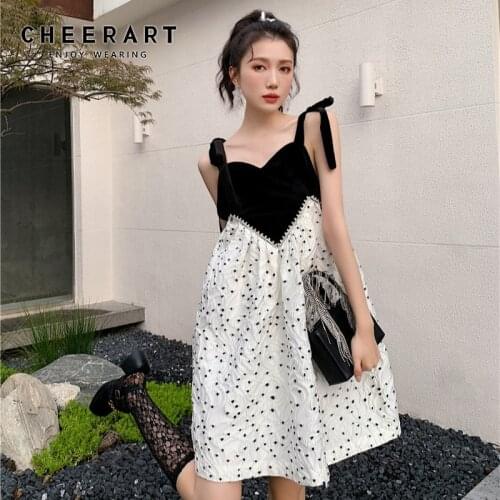 CHEERART Backless Patchwork Spaghetti Strap Sexy Dress For Women 2021 Korean Fashion A Line Bow Jacquard Polka Dot Dress 2021