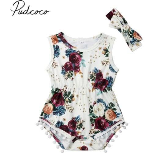 2021 Brand New Summer Toddler Kids Baby Girls Romper +Headband 2PCS Sets Sleeveless Print Tassel Balls Elastic Waist Jumpsuits