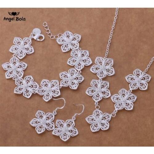 3pcs/set Wholesale High Quality 925 Sterling Silver Fashion Bracelet Jewelry Set Necklace Flower Earring Drop Shipping