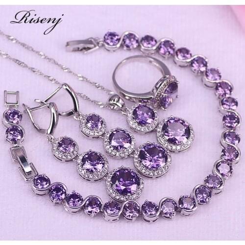 Purple Crystal Silver Costume Jewelry Set For Women Earrings Ring Necklace Withe Bracelet Set Bridal Jewelry T59