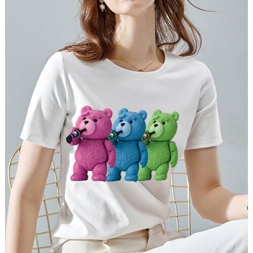 Summer Womens Cartoon T-shirt Three Little Bears Print T-shirt Fashion O-neck Personality Casual Slim Lady Soft Short Sleeve