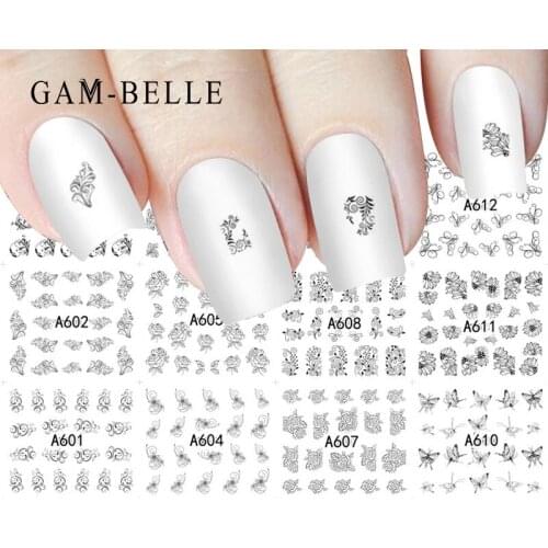 GAM-BELLE 12 Sheet/Set Nails Sticker Set Black Butterfly Flower Design Decals Nail Art Decoration Water Transfer Nail Wraps