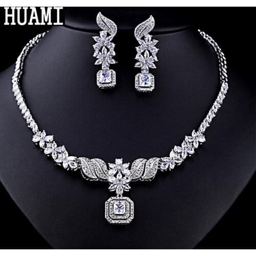 HUAMI 2020 New Style Exaggeration AAA Zircon Pendant Necklace Women Leaf Round Drop Earrings Gift for Girlfriend Silver Chain