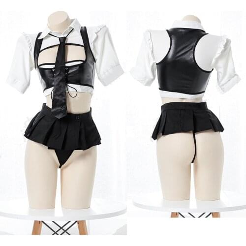 Police Officer Cosplay Costume Policewomen Uniform Sexy Women Pu Leather Tank Super Mini Skirt Open Chest Lingerie Set Sleepwear
