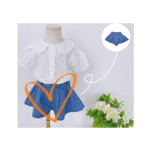 Summer new girl baby denim shorts cotton denim pants children solid color T-shirt + pants princess dress baby two-piece suit