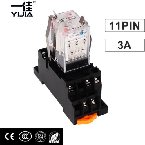 General Purpose low Power Coil Microrelay 11pin Electromagnetic Relay Switch With Socket Base 110V 220V 12V 24V Lamp Indication
