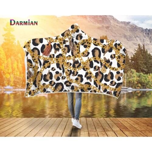 DARMIAN Fashion Style Leopard Gold Chain Print Hooded Blanket for Adult Kids Washable Wearable Fleece Throw Blankets manta sofa