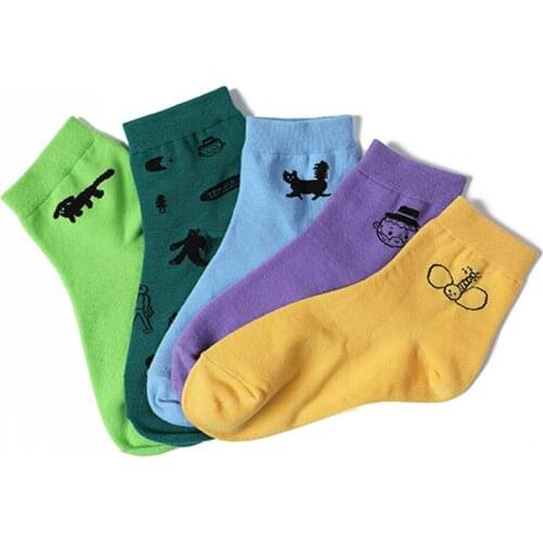 Summer New Design Women Short Socks Cartoon Yellow Green Purple Blue Sock Cotton 5 Pairs A Lot