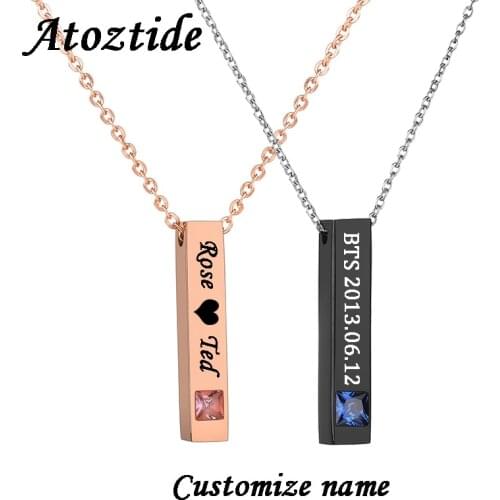 Atoztide Customize Stainless Steel Rose Gold Crystal Bar Necklace Pendant Women Personalize Name Engrave Letter Square Necklace