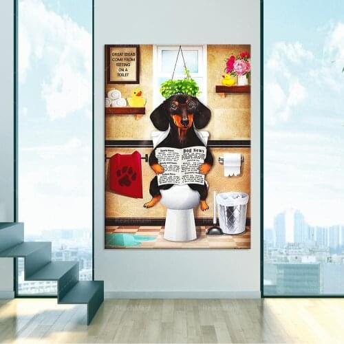 Dog grooming poster, dog lover gift, bathroom poster, animal poster, dog reading newspaper poster, Dachshund dog poster, dog in