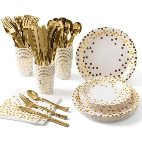 Dinnerware Dotted Pattern Disposable Paper Plates Napkins Cups Tableware for Wedding Birthday Decoration Party Supplies