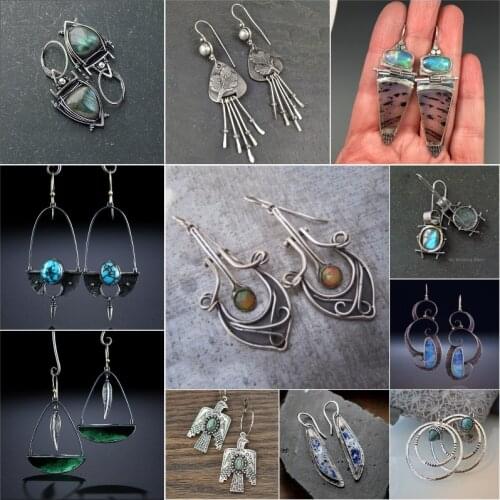 Retro Indian Tribal Earrings Metal Arrow Guitar Shape Turquoises Stone Dangle Earring Vintage Jewelry Pendientes Mujer Z5P763