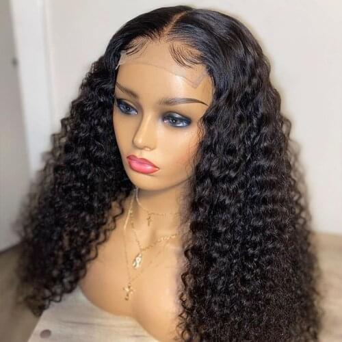 Middle Part Black 26 Inch Long Kinky Curly 180% Density Synthetic Lace Front Wig for Woman With Babyhair Glueless Heat Resistant