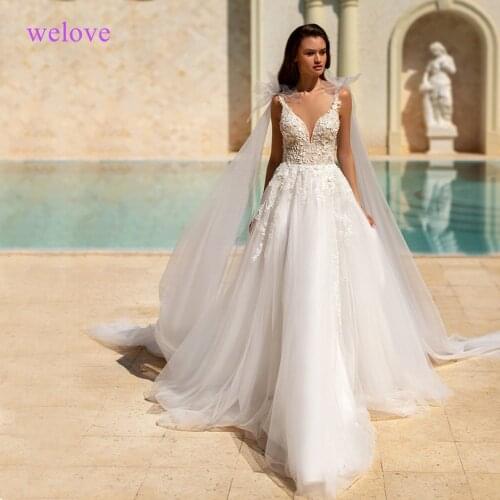 Wedding Dresses V-Neck Appliques Lace A-Line Tulle Wedding Gown Beach Simple Bridal Dress bestidos de novia 2021 Bridal Gown