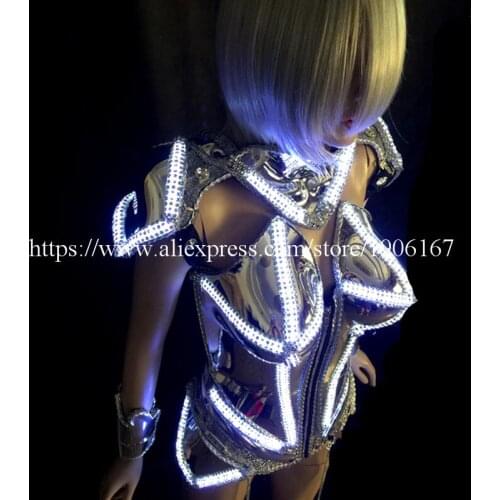 Led Luminous Female Armor Ballroom Sexy Costume Illuminate Silver Plated Bar Party Stage Evening Dress Clothes Free Shipping DHL