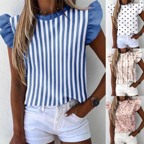 Women Heart Striped Floral Print Shirt Top O Neck Ruffled Short Sleeves Blouse Women Heart Striped Floral Print Shirt Top