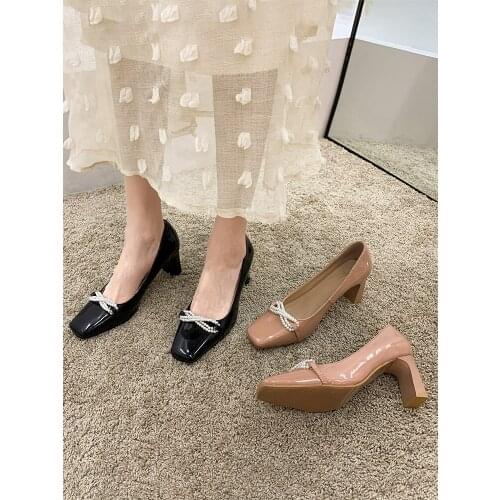 Womens shoes square toe thick heel high heels 2021 spring new pearl shallow mouth fashionable and comfortable
