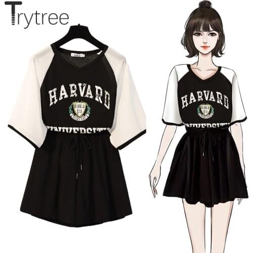 Trytree 2020 Summer Women two piece set Casual V-neck Letter Loose T-shirt Tops + Pants Elastic Waist Lace up Set 2 piece set