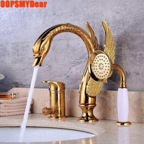 Gold Faucet Bathroom Hot Cold Mixer Tap Basin Sink Deck Mount Copper Kraan Triple Hole Single Handle Grifo Washbasin Luxury Taps