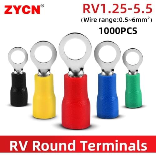 1000PCS RV Ring Crimp Terminal 1.25/2/3.5/5.5 Insulated Cable Wire Butt Electrical Cold-Pressed Copper O Type Connector 0.5-6MM2