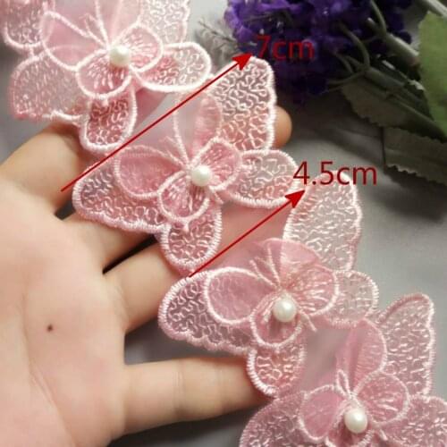 10x Pink 7cm Butterfly Pearl Embroidered Lace Trim Ribbon Fabric Handmade DIY Sewing Craft For Costume Shoes Decoration New