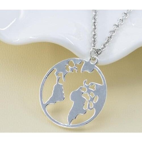 12PC Wholesale Hollow Globe Silvery World Map Metal Earth Pendant Necklace Women Girl Friend Gift Travel Outdoor Jewelry Present