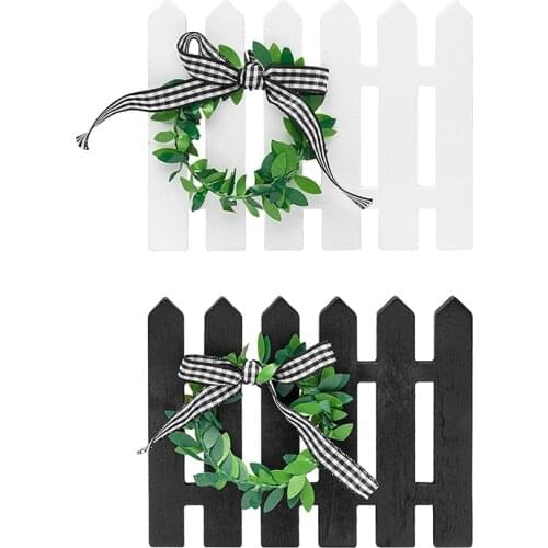 2Pcs Farmhouse Wooden Picket Fence Tiered Tray Decoration Frame Black&White Plaid Mini Wooden Fence Shaped Sign Decor