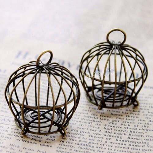 2 pcs Vintage Antique Bronze Hollow Bird Cage Handmade BirdCage Pendants- 40x38mm Handcaft DIY jewelry Findings ( BIR-1)