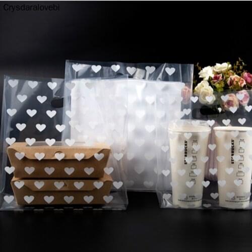 50pcs Small Heart Shape Plastic Gift Bags Clear Plastic Shopping Bags With Handle Cookies Candy Cake Wrapping Bags Retail Bags
