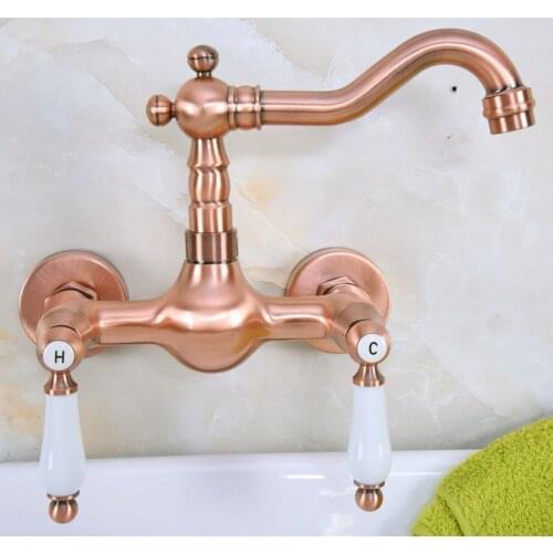 Antique Red Copper Brass Wall Mounted Bathroom Kitchen Sink Faucet Swivel Spout Mixer Tap Dual Ceramics Handles Levers anf949