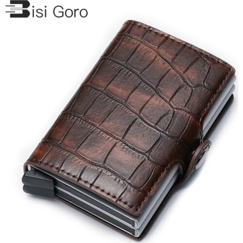 BISIGORO PU Leather Credit Card Holder 2021 New Aluminium Double Box Fashion Men And Women Metal RFID Vintage Travel Card Wallet