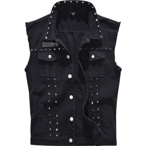 Mens Coat Vests Cotton Ripped Jeans Sleeveless Jacket Black Denim Vest Cool Rivets Male Hip Hop Washed Cowboy Waistcoat