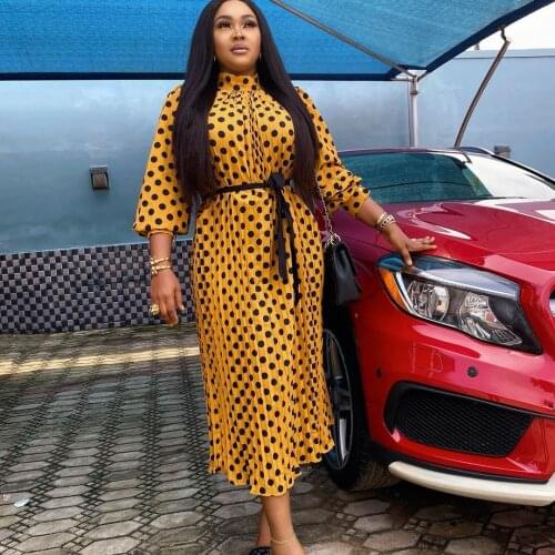 Elegant Women Polka Dot Print 3/4 Sleeve Loose Pleated Dress Modest Clothes Office Ladies Work Wear Plus Size S-3XL Summer Party