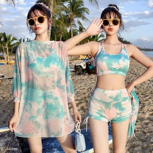 Ins Wind Split Conservative Student Boxer Shorts Sexy Long-sleeved Jacket Hot Spring Swimsuit Three-piece Bikini Suit