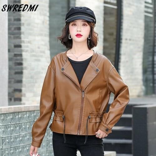 SWREDMI Fashion Jacket Women Drawstring Spring Short Coats O-Neck Faux Leather Clothing High Street Wear Autumn Soft Jackets