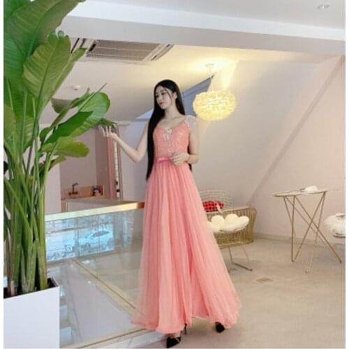 High Quality Women Fashion V Neck Spaghetti Strap Party Long Dress 2021 Spring Woman Lace Patchwork Mesh Runway Evening Vestidos