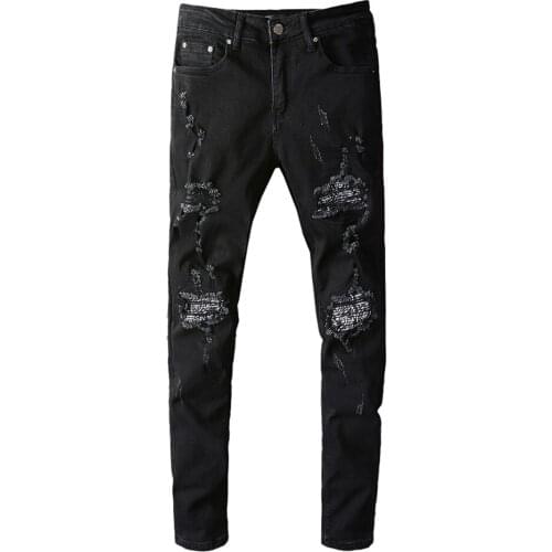 Mens Bandana Paisley Patchwork Ripped Jeans Streetwear Slim Skinny Stretch Denim Pants High Quality