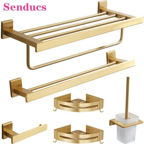 Bathroom Hardware Set of Brushed Gold Bath Hardware Set Quality Stainless Steel Towel Rack Toilet Brusher Holder Towel Bars
