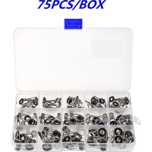 75PCS/BOX 15 sizes Fishing Rod Guide Ring combination Set Fishing Casting Spinning steel ceramic Guide Hole Over Wire Loops