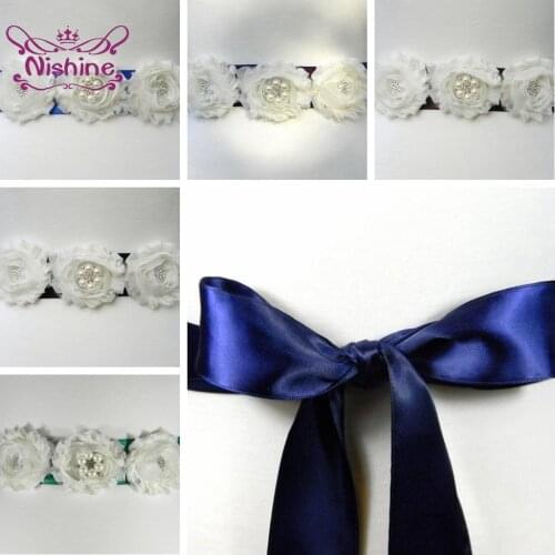 Nishine Fashion Handmade White Flower Sash with Pearls Rhinestone Adjustable Maternity Belt DIY Clothing Decoration Waistband