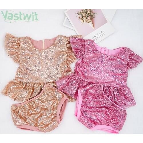 0-18M Baby Girls Sequins Clothes Outfits Cotton Summer Kids Ruffle Short Sleeve Tops T-Shirt+Shorts Suits Baby Photography Props