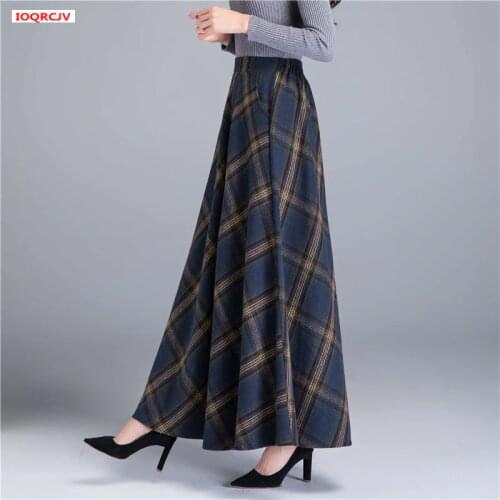 Autumn Winter Long Woolen Skirts Women Vintage Maxi Skirts High Waist Warm Elegant Office Lady Elastic A-Line Plaid Skirt W1788