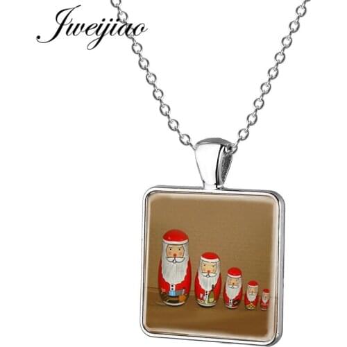 JWEIJIAO Matryoshka Russian Santa Claus Doll Necklace Metal Square Shape Glass Cabochon Pendant Necklace Gift Jewelry TW15