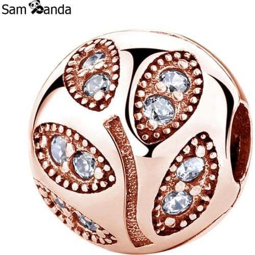 Authentic 925 Sterling Silver Bead Charm Sparkling Leaves Clip Charms Rose Gold Crystals Fit Pandora Bracelet Women DIY Jewelry