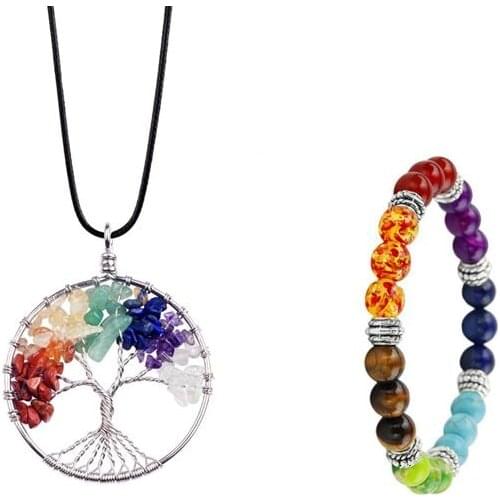 7 Chakra Stones Natural Stone Tree Of Life Pendant Necklace Pendants Yoga Bracelets For Women Men Reiki Rainbow Jewelry 2018