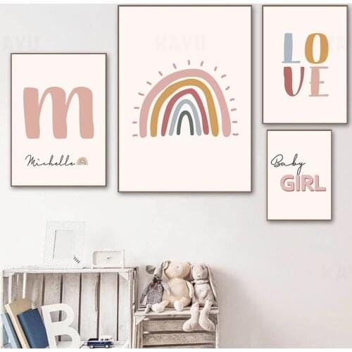 Love Poster Baby Girl Nursery Wall Art Canvas Painting Custom Name Print Rainbow Boho Posters Nordic Pictures Kids Room Decor